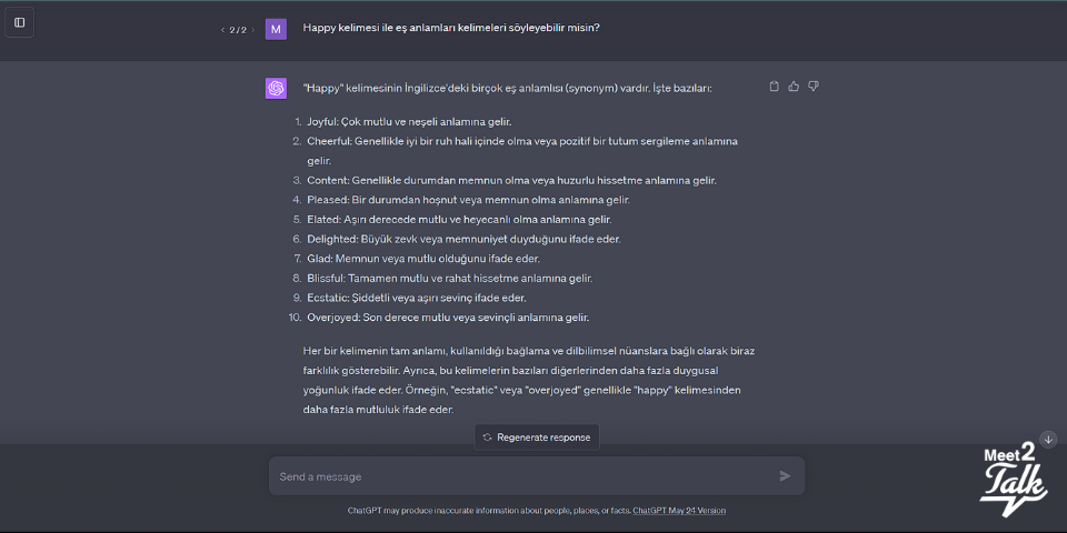 chatgpt ile ingilizce eş anlamlı kelimeler