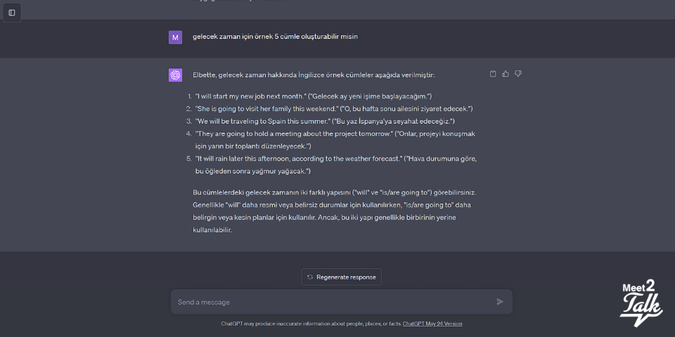 chatgpt ile ingilizce gelecek zaman örnek cümleler
